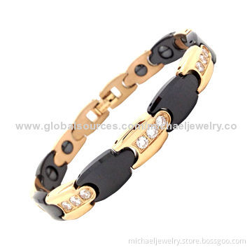 Magnetic Stainless Steel Bracelets with 21-piece CZ Stones, IP Rose Gold Plating and Black Ceramic